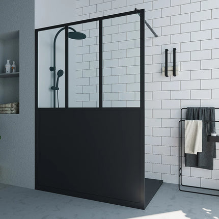 Paroi de douche style industriel avec verre teinté noir - Noir mat - 140 cm - URBANIK