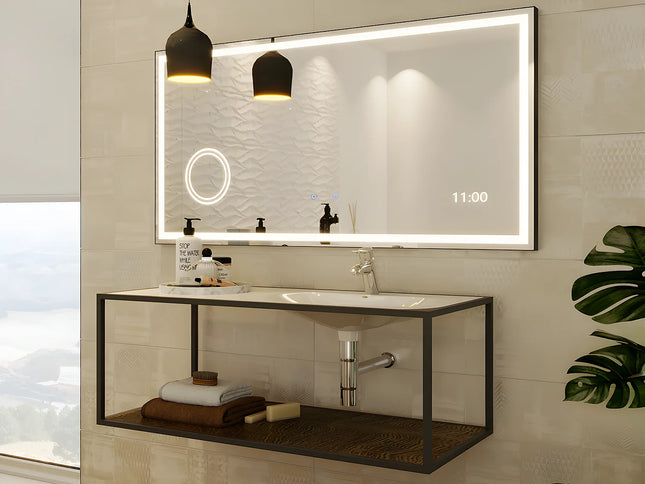 Miroir lumineux avec horloge digitale - Noir - 120 cm - Les Astucieux