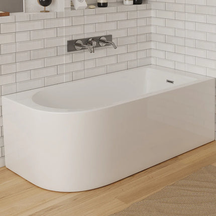 Baignoire d'angle asymétrique avec tablier non démontable - Blanc brillant - 150 cm - ANIKA