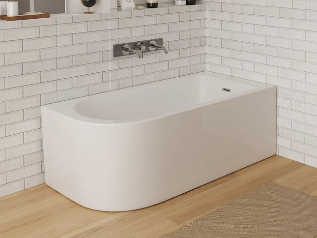 Baignoire d'angle asymétrique avec tablier non démontable - Blanc brillant - 150 cm - ANIKA