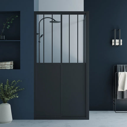 Paroi et porte de douche style industriel avec porte coulissante - noir mat - 100 cm - URBANIK