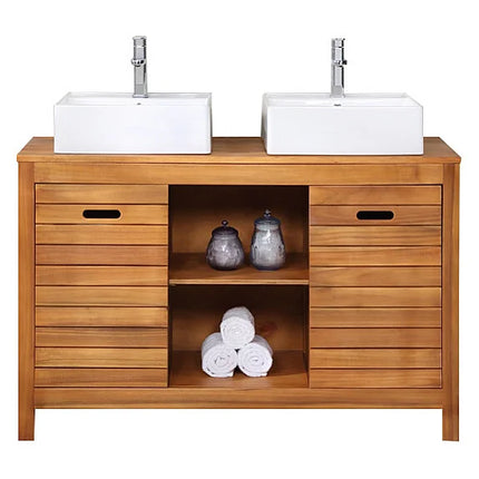 Meuble sous vasque à poser en acacia avec vasques à poser carrées - naturel foncé - 130 cm - PULUKAN