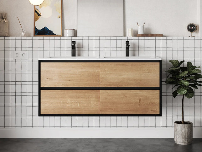 Meuble de salle de bain industriel suspendu avec vasque à encastrer - Naturel clair et noir - 120 cm - Les éphémères