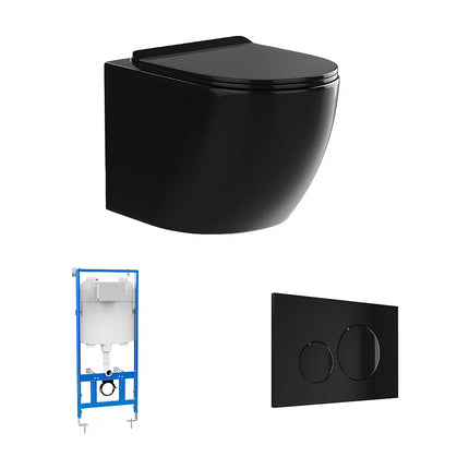WC suspendu sans bride brillant avec bâti-support et plaque de déclenchement - noir - 36 cm - JAVOINE