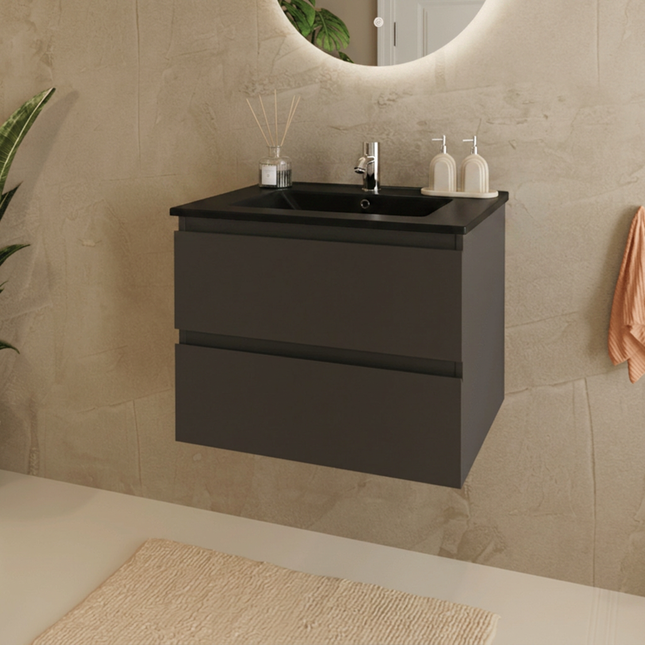 Meuble de salle de bain suspendu mat noir avec vasque en marbre minéral noire - 60 cm - Marenza