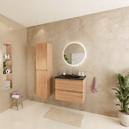 Meuble de salle de bain suspendu design contemporain avec vasque en marbre minéral - noir et chêne clair - 60 cm - Marenza