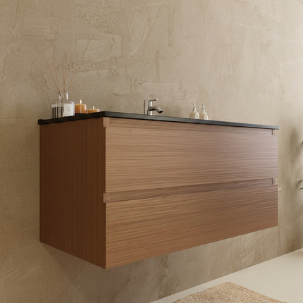 Meuble de salle de bain suspendu finition chêne chaud avec vasque en marbre minéral noire - 100 cm - Marenza