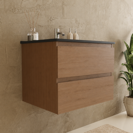 Meuble de salle de bains suspendu finition chêne chaud avec vasque en marbre minéral noir - 60 cm - Marenza