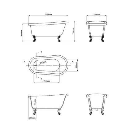 Baignoire îlot rétro avec pieds dorés - Blanche - 145 cm - NISOS II