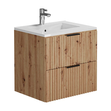 Meuble de salle de bain rainuré avec vasque à encastrer - Naturel clair et blanc - 60 cm - ZEVARA