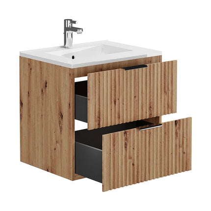 Meuble de salle de bain rainuré avec vasque à encastrer - Naturel clair et blanc - 60 cm - ZEVARA