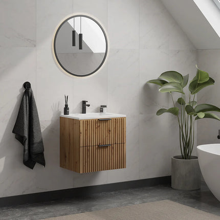 Meuble de salle de bain rainuré suspendu avec vasque à encastrer - Naturel clair - 60 cm - ZEVARA