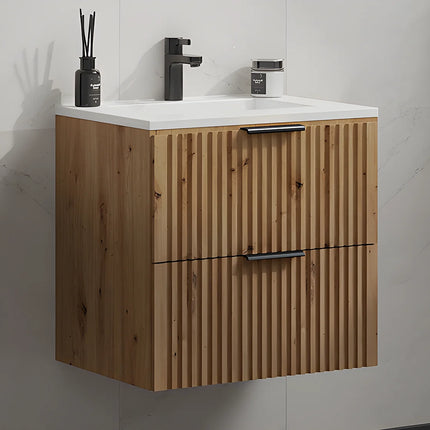 Meuble de salle de bain rainuré avec vasque à encastrer - Naturel clair et blanc - 60 cm - ZEVARA