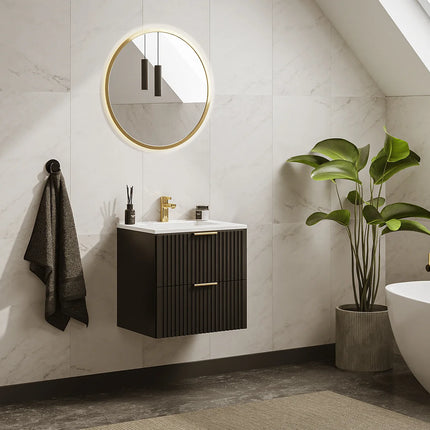 Meuble de salle de bain rainuré suspendu avec vasque à encastrer - Naturel clair - 60 cm - ZEVARA