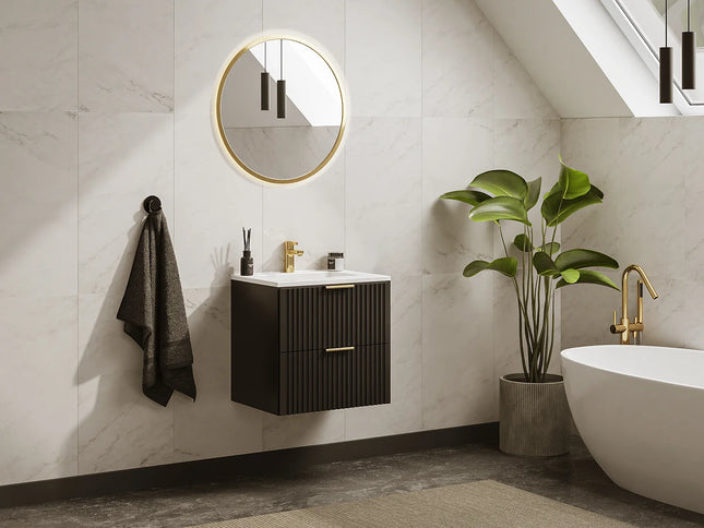 Meuble de salle de bain rainuré avec vasque à encastrer - Naturel clair et blanc - 60 cm - ZEVARA