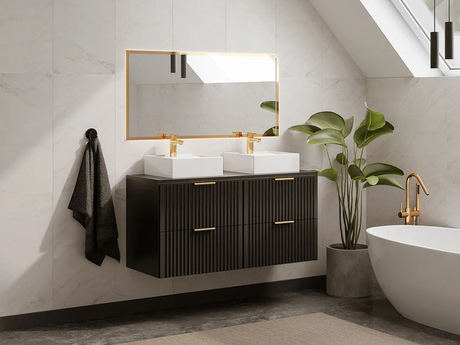 Meuble sous vasque strié avec 4 tiroirs - Beige - 120 cm - ZEVARA