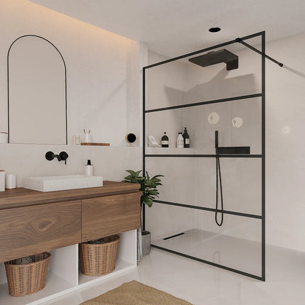 Paroi de douche à l'italienne style industriel finition sérigraphiée - noir mat - 140 cm - INAYA II