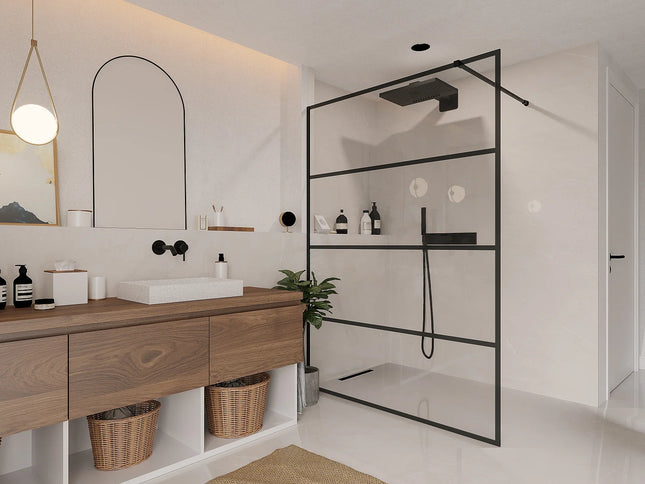 Paroi de douche à l'italienne style industriel finition sérigraphiée - noir mat - 140 cm - INAYA II