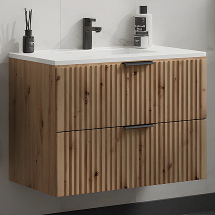 Meuble de salle de bain rainuré avec vasque à encastrer - Naturel clair - 80 cm - ZEVARA