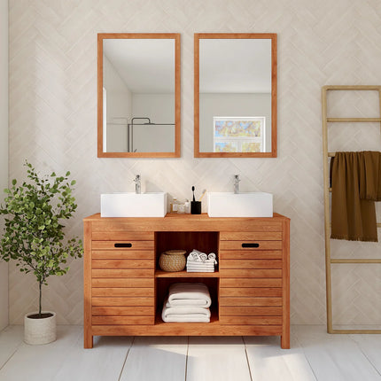Meuble sous vasque à poser en acacia avec vasques à poser carrées - naturel foncé - 130 cm - PULUKAN
