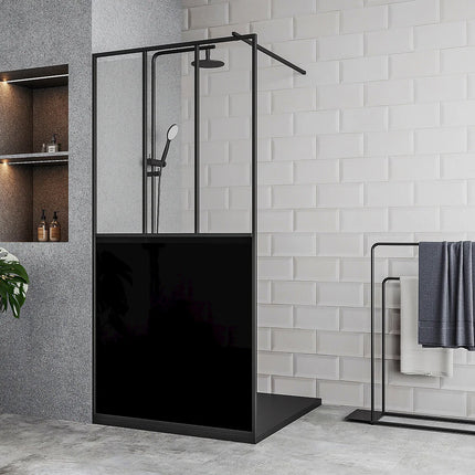 Paroi de douche style industriel avec barre de stabilisation ajustable - Noir mat - 100 cm - URBANIK