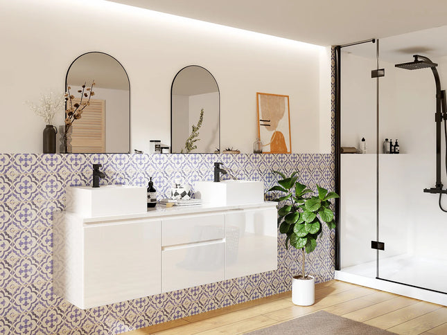 Meuble de salle de bain suspendu finition lisse brillant avec double vasque à poser - Blanc - 150 cm - JIMENA II