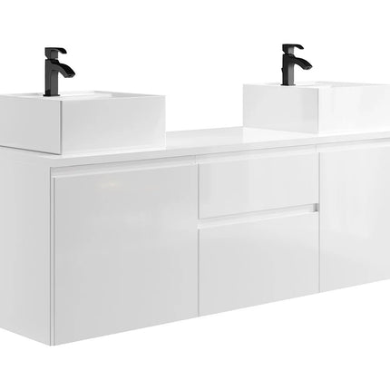 Meuble de salle de bain suspendu finition lisse brillant avec double vasque à poser - Blanc - 150 cm - JIMENA II