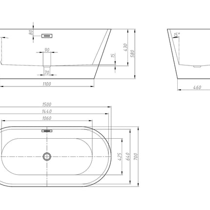 Baignoire îlot design - 150 x 70 x 58 cm - Noire - 201 L - TWIGGY