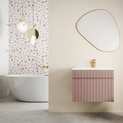 Meuble de salle de bain rainuré suspendu avec vasque à encastrer - Rose poudré - 60 cm - SATARA