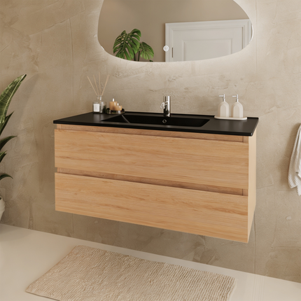 Meuble suspendu contemporain avec vasque marbre minéral noir - Chêne - 100 cm - Marenza