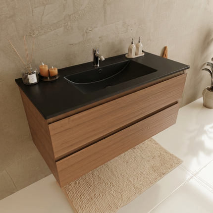 Meuble de salle de bain suspendu finition chêne chaud avec vasque en marbre minéral noire - 100 cm - Marenza
