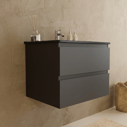 Meuble de salle de bain suspendu mat noir avec vasque en marbre minéral noire - 60 cm - Marenza