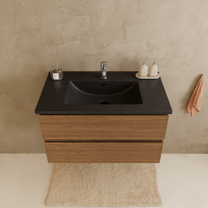 Meuble suspendu avec vasque en marbre minéral - Noir - 80 cm - Marenza