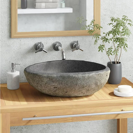 Lavabo ovale en pierre naturelle avec vasque ovale - Gris - 38 cm - DS CONCEPT