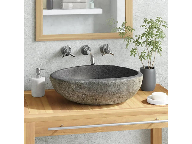 Lavabo ovale en pierre naturelle avec vasque ovale - Gris - 38 cm - DS CONCEPT