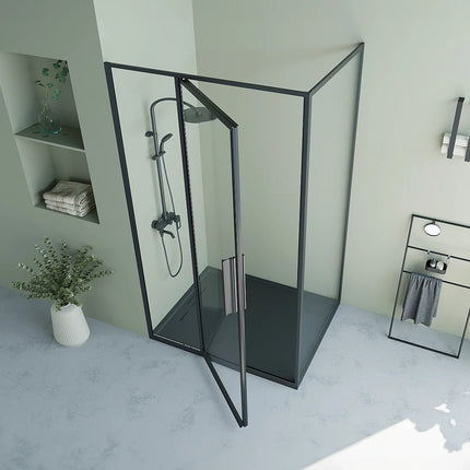 Paroi de douche avec porte battante style industriel finition noir mat - 120 cm - TORONI