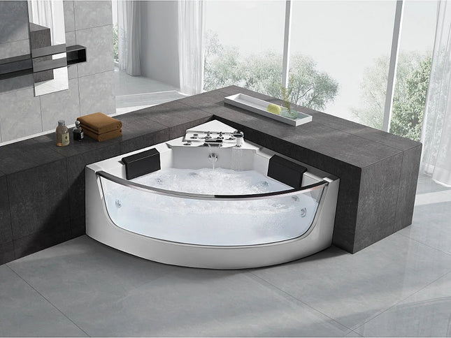 Baignoire balnéo d'angle avec paroi vitrée - Blanc brillant - 138 cm - EVELINA