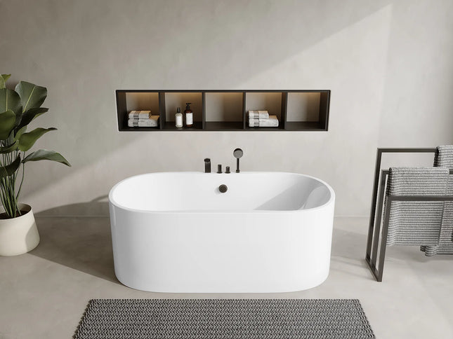 Baignoire îlot ovale finition mate avec robinetterie noire - Blanche - 150 cm - STEPONA