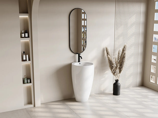 Vasque sur pied finition brillante avec vasque ronde - Blanc - 50 cm - MILOS II