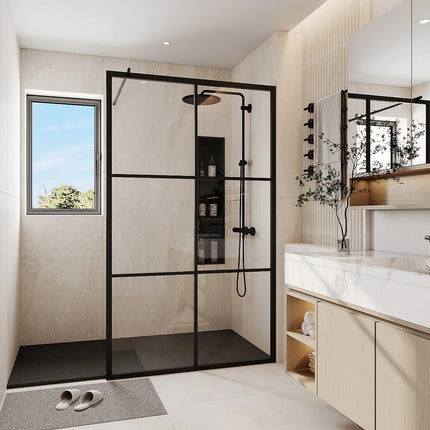 Paroi de douche à l'italienne sérigraphiée mat avec barre de stabilisation - Noir mat - 120 cm - VENTANITA