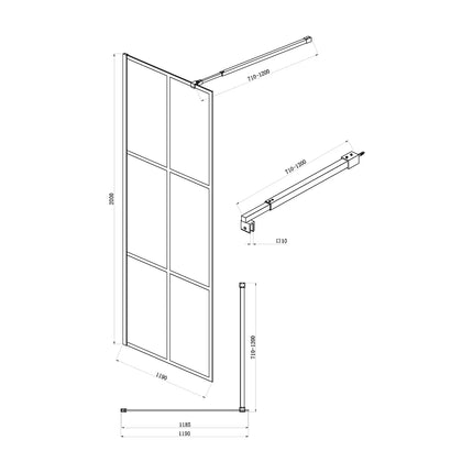 Paroi de douche à l'italienne sérigraphiée mat avec barre de stabilisation - Noir mat - 120 cm - VENTANITA