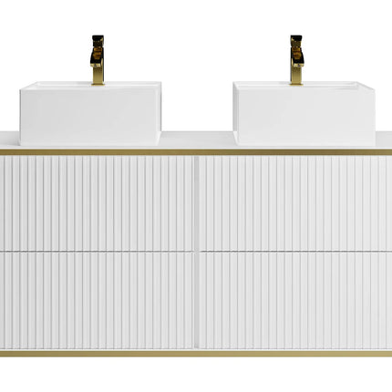 Meuble de salle de bain suspendu rainuré avec double vasque à poser carrée - Beige - 120 cm - KELIZA