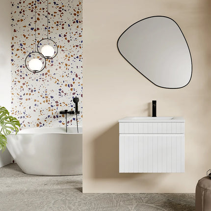 Meuble de salle de bain suspendu strié avec vasque à encastrer - Blanc - 60 cm - SATARA