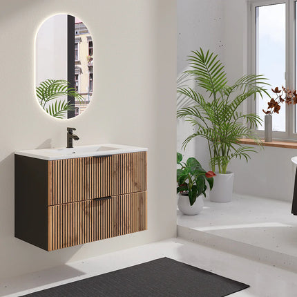 Meuble de salle de bain strié avec vasque à encastrer - Naturel clair et noir - 80 cm - MADELA