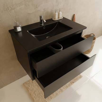 Meuble de salle de bains suspendu mat noir avec vasque en marbre minéral noire - 80 cm - Marenza