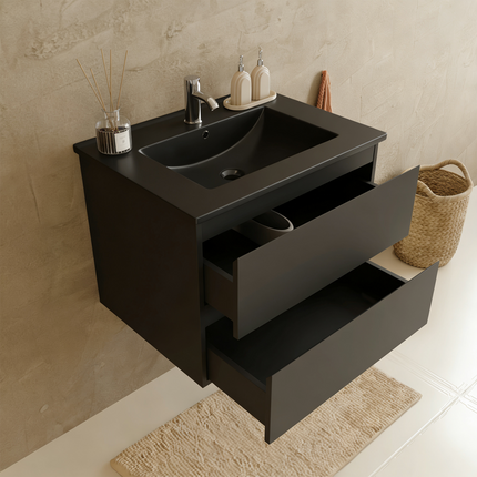 Meuble de salle de bain suspendu mat noir avec vasque en marbre minéral noire - 60 cm - Marenza