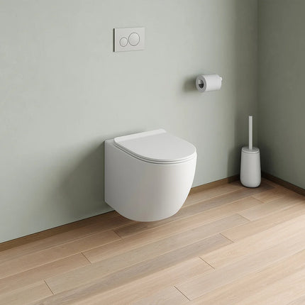 WC suspendu sans bride avec bâti-support et plaque de déclenchement - Blanc mat - 36 cm - Les Essentiels