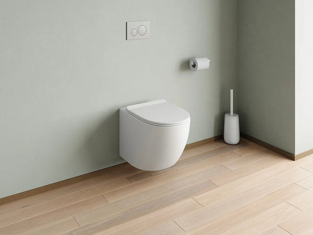 WC suspendu sans bride avec bâti-support et plaque de déclenchement - Blanc mat - 36 cm - Les Essentiels