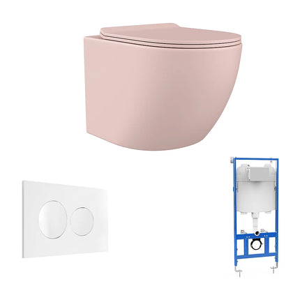WC suspendu sans bride finition mate avec bâti-support et plaque de déclenchement - Rose - 36 cm - Les Essentiels