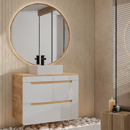 Meuble de salle de bain suspendu avec vasque à poser carrée - Blanc et naturel clair - 80 cm - ARUBA